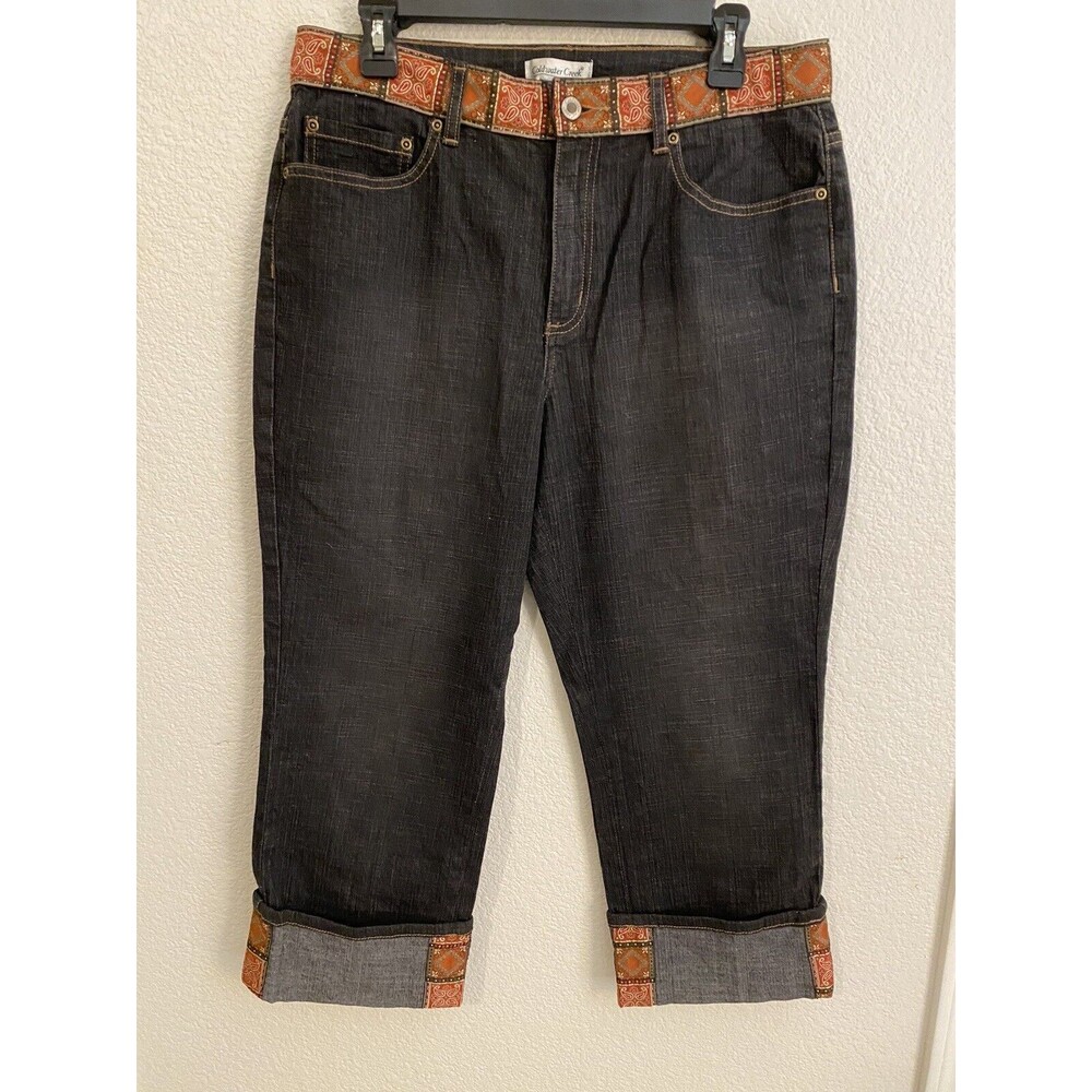 Coldwater Creek Denim Capri Jeans 12 Dark Wash Satin Trim Waist / Leg Ub4 03